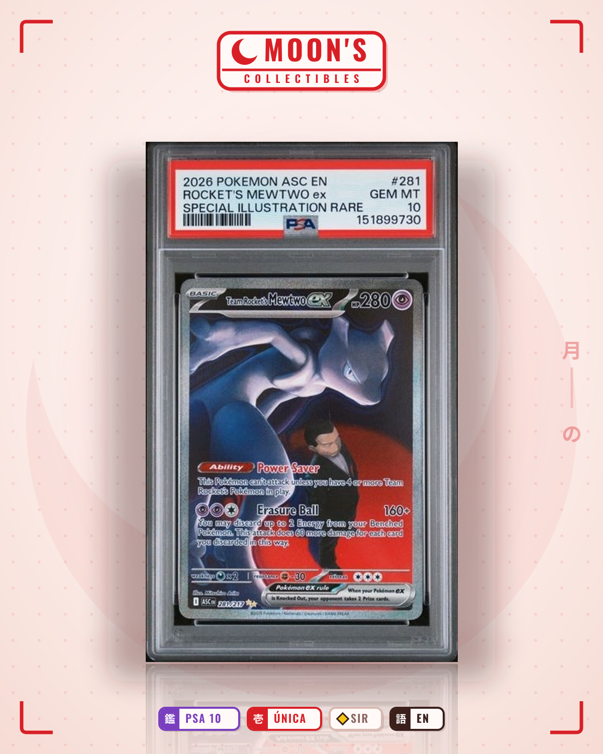 Carta Pokémon Team Rocket's Mewtwo ex · Ascended Heroes #281/217 (PSA 10) — pieza única en Moon's Collectibles México