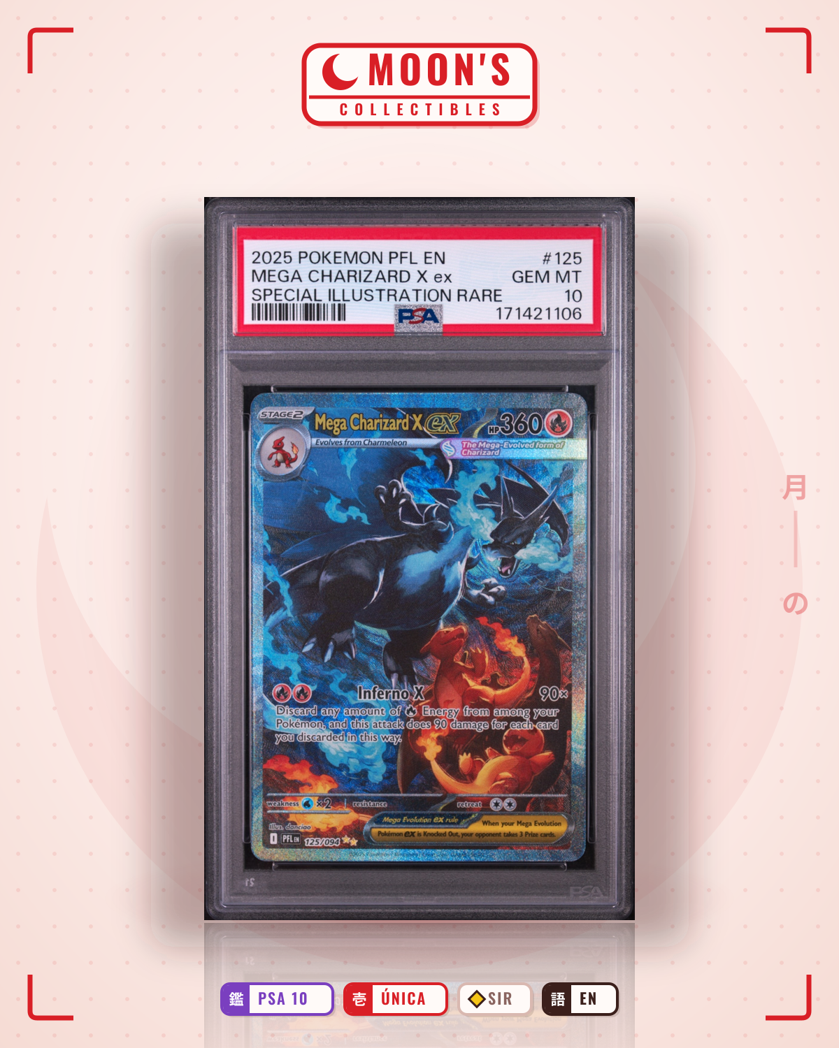 Carta Pokémon Mega Charizard X ex · Phantasmal Flames #125/094 (PSA 10) — pieza única en Moon's Collectibles México