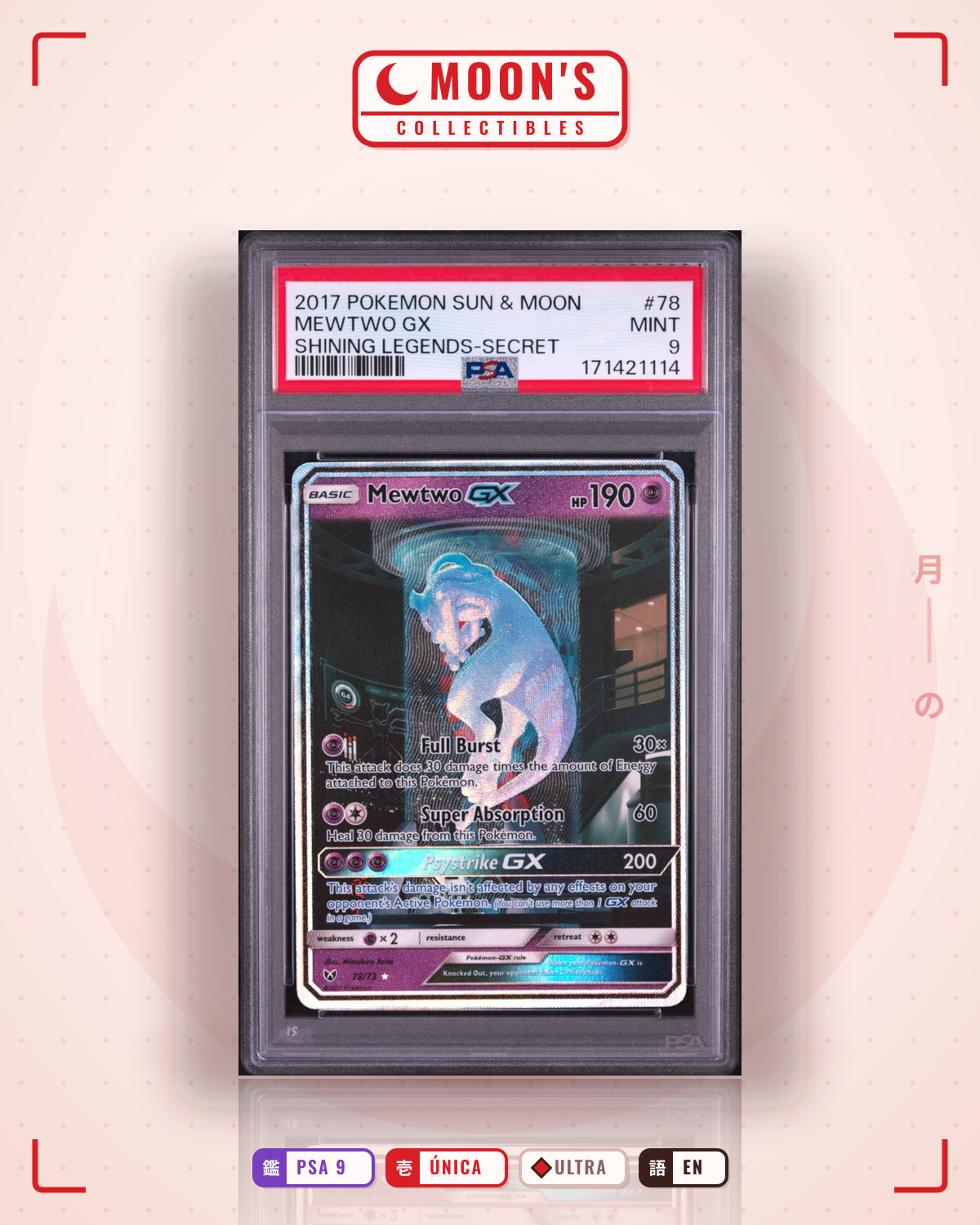 Carta Pokémon Mewtwo-GX · Shining Legends #78/73 (PSA 9) — pieza única en Moon's Collectibles México