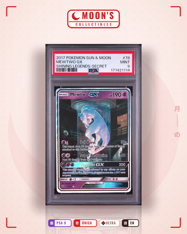 Carta Pokémon Mewtwo-GX · Shining Legends #78/73 (PSA 9) — pieza única en Moon's Collectibles México