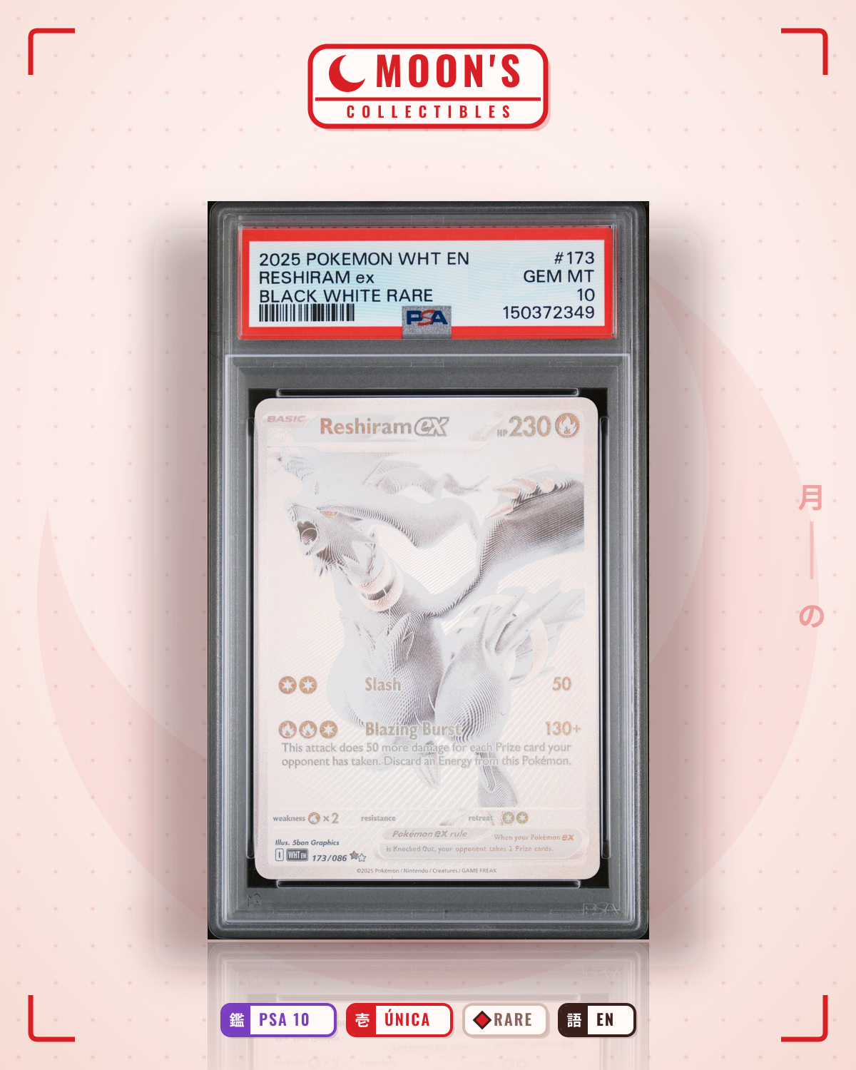Carta Pokémon Reshiram ex · White Flare #173/086 (PSA 10) — pieza única en Moon's Collectibles México