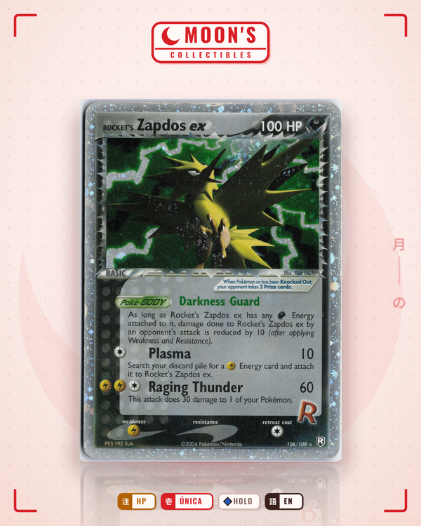 Carta Pokémon Rocket's Zapdos ex · Team Rocket Returns #106/109 (HP) — pieza única en Moon's Collectibles México
