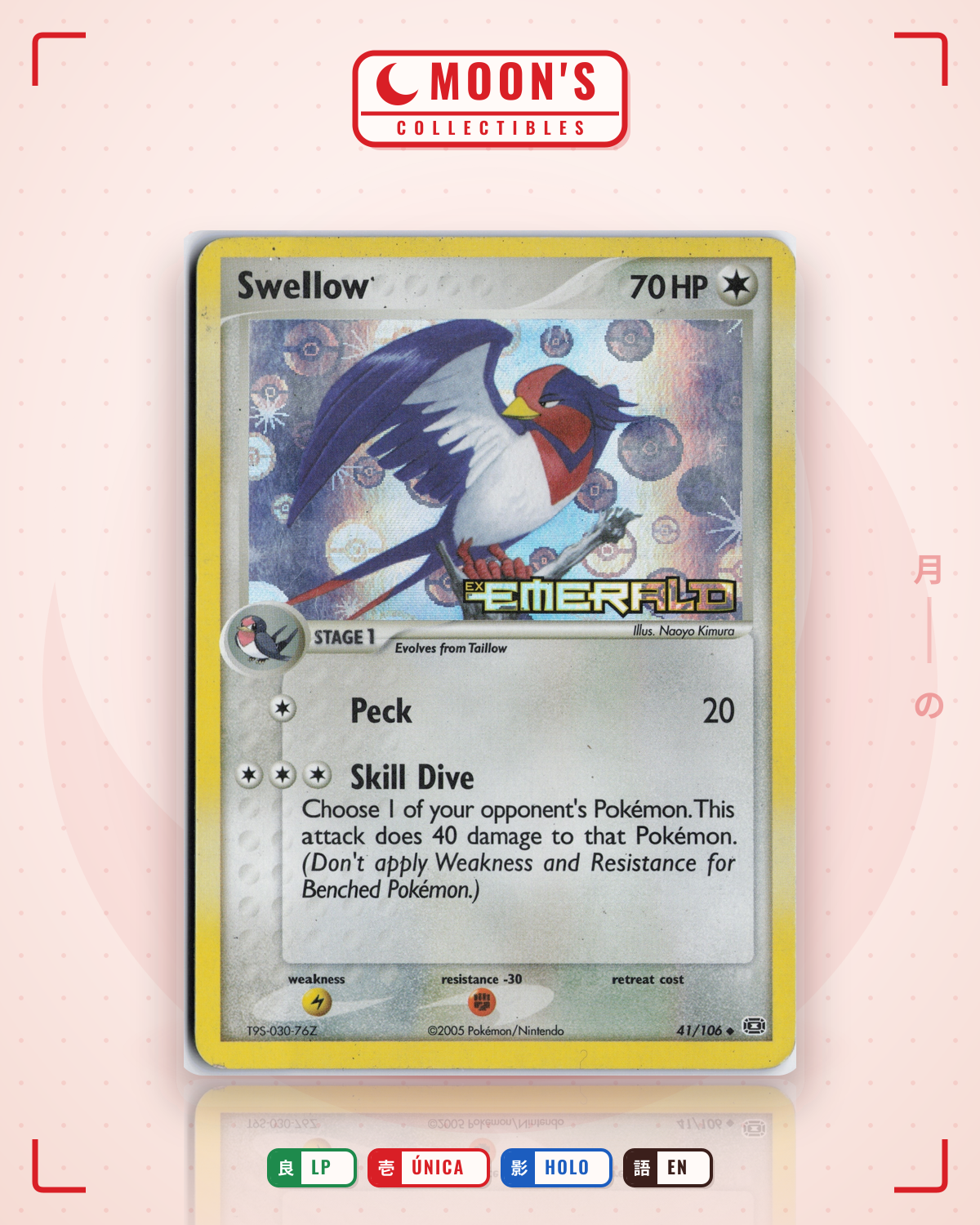 Carta Pokémon Swellow · Emerald #41/106 (LP) — pieza única en Moon's Collectibles México