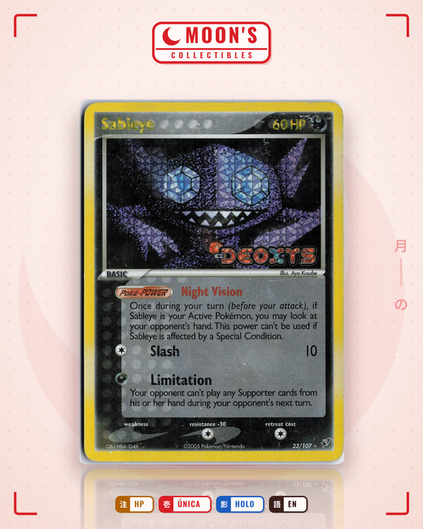 Carta Pokémon Sableye · Deoxys #23/107 (HP) — pieza única en Moon's Collectibles México