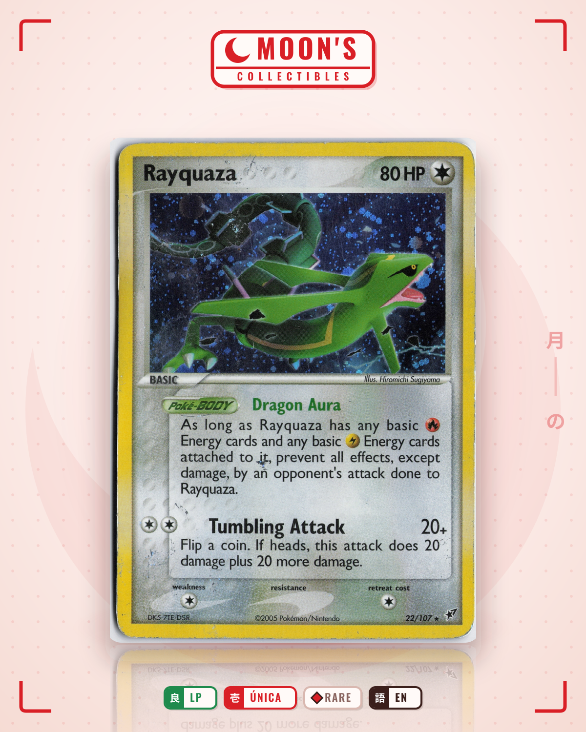 Carta Pokémon Rayquaza · Deoxys #22/107 (LP) — pieza única en Moon's Collectibles México