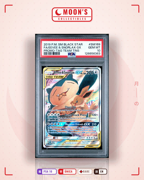 Carta Pokémon Eevee & Snorlax-GX · SM Black Star Promos #SM169 (PSA 10) — pieza única en Moon's Collectibles México