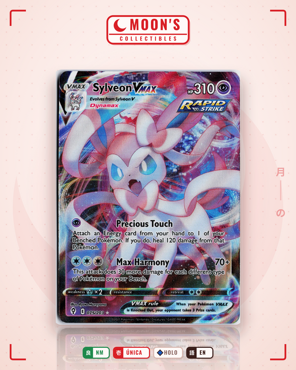Carta Pokémon Sylveon VMAX · Evolving Skies #075/203 (NM) — pieza única en Moon's Collectibles México