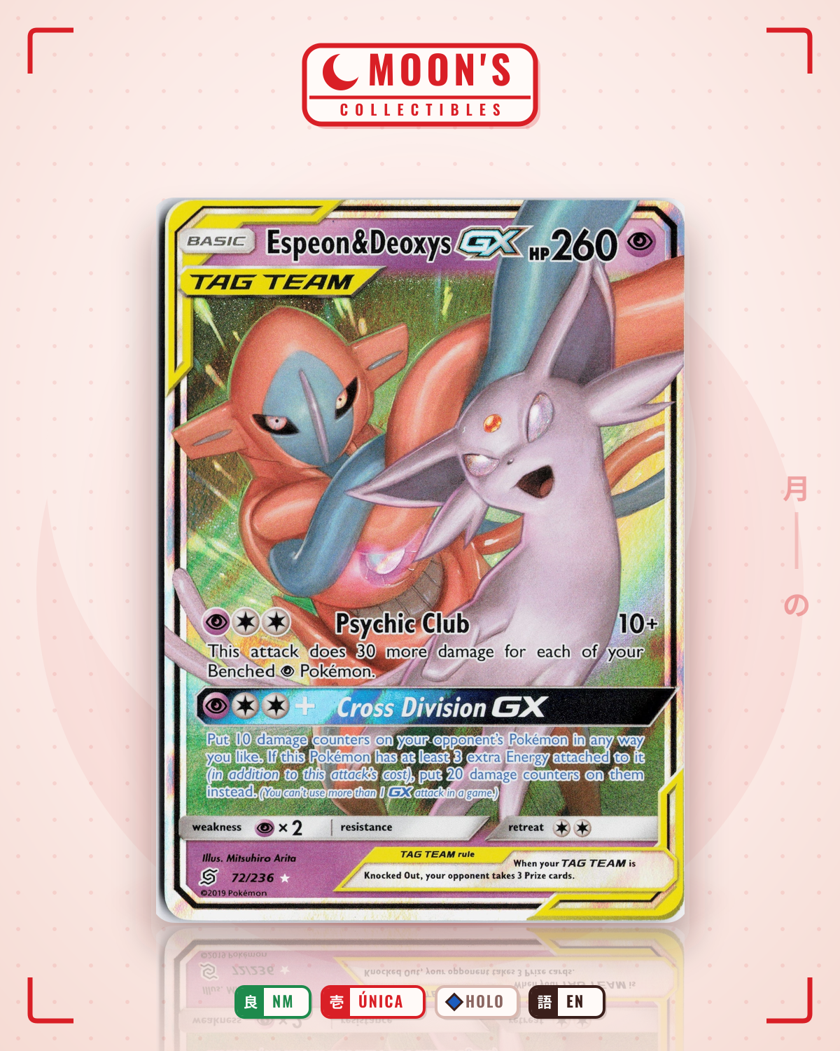 Carta Pokémon Espeon & Deoxys-GX · Unified Minds #72/236 (NM) — pieza única en Moon's Collectibles México