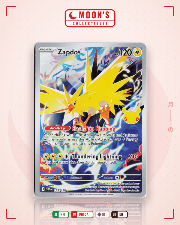 Carta Pokémon Zapdos · 30th Celebration #133/128 (NM) — pieza única en Moon's Collectibles México