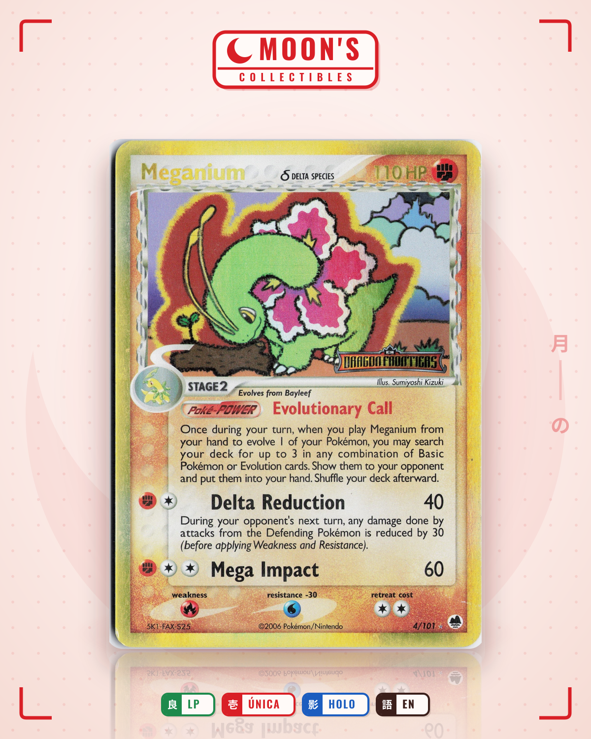 Carta Pokémon Meganium δ · Dragon Frontiers #4/101 (LP) — pieza única en Moon's Collectibles México