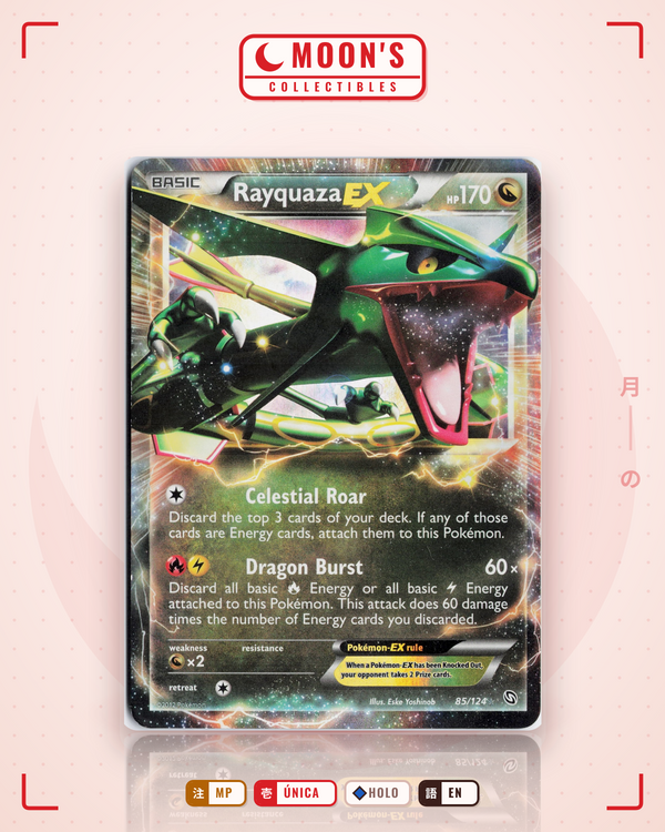 Carta Pokémon Rayquaza-EX · Dragons Exalted #85/124 (MP) — pieza única en Moon's Collectibles México