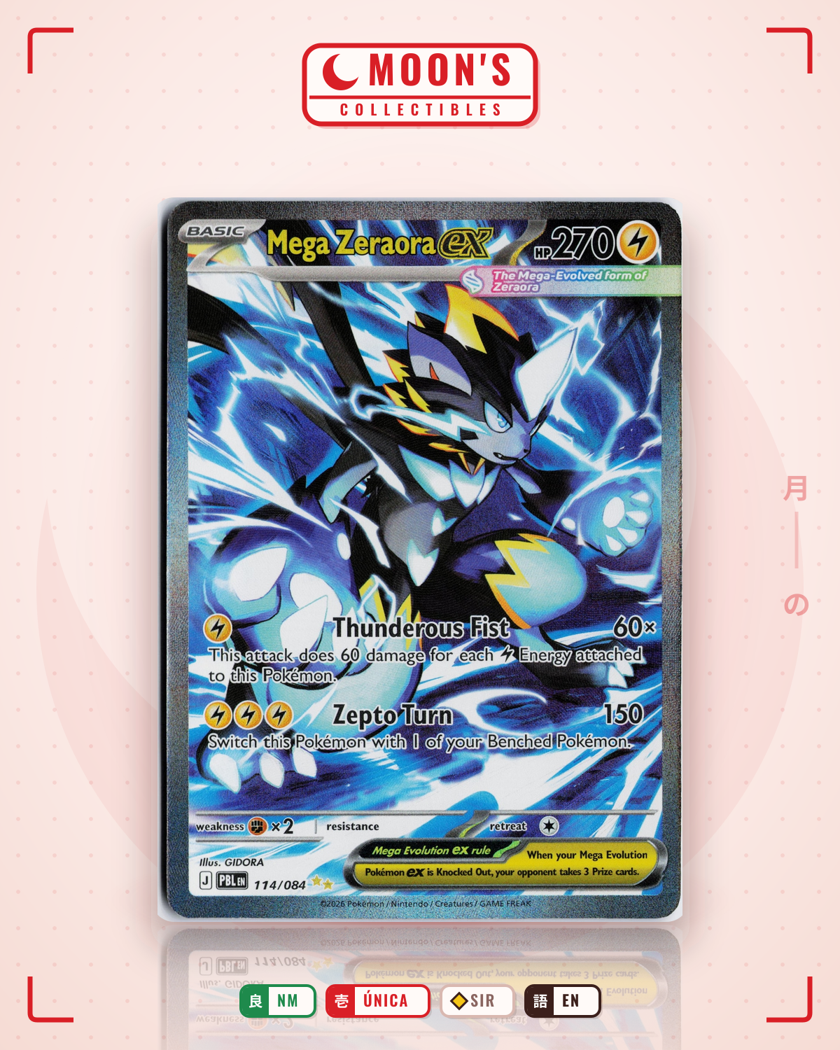 Carta Pokémon Mega Zeraora ex · Pitch Black #114/084 (NM) — pieza única en Moon's Collectibles México