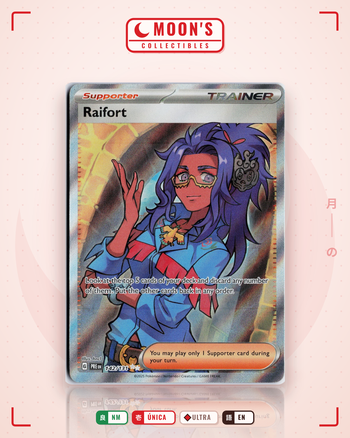 Carta Pokémon Raifort · Prismatic Evolutions #142/131 (NM) — pieza única en Moon's Collectibles México