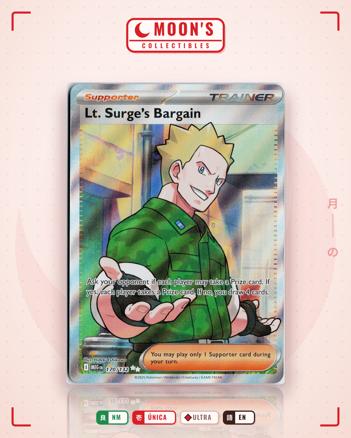 Carta Pokémon Lt. Surge's Bargain · Mega Evolution #170/132 (NM) — pieza única en Moon's Collectibles México