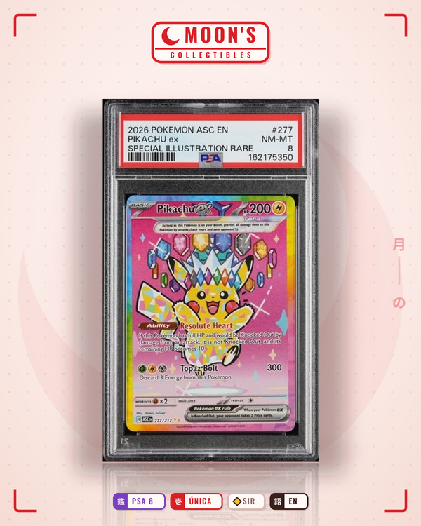 Carta Pokémon Pikachu ex · Ascended Heroes #277/217 (PSA 8) — pieza única en Moon's Collectibles México