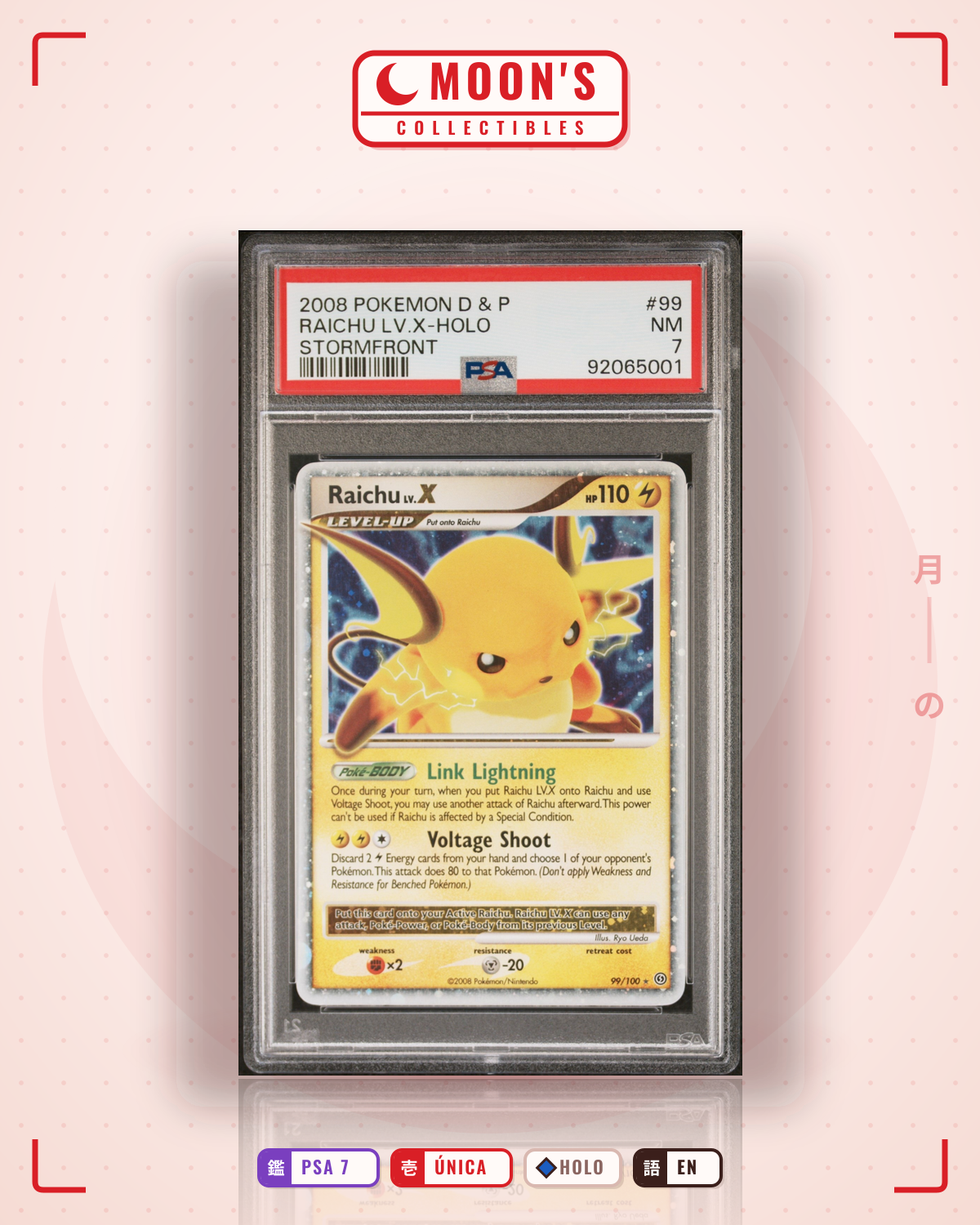 Carta Pokémon Raichu LV.X · Stormfront #99/100 (PSA 7) — pieza única en Moon's Collectibles México