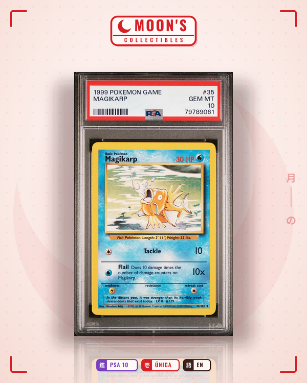 Carta Pokémon Magikarp · Base #35/102 (PSA 10) — pieza única en Moon's Collectibles México