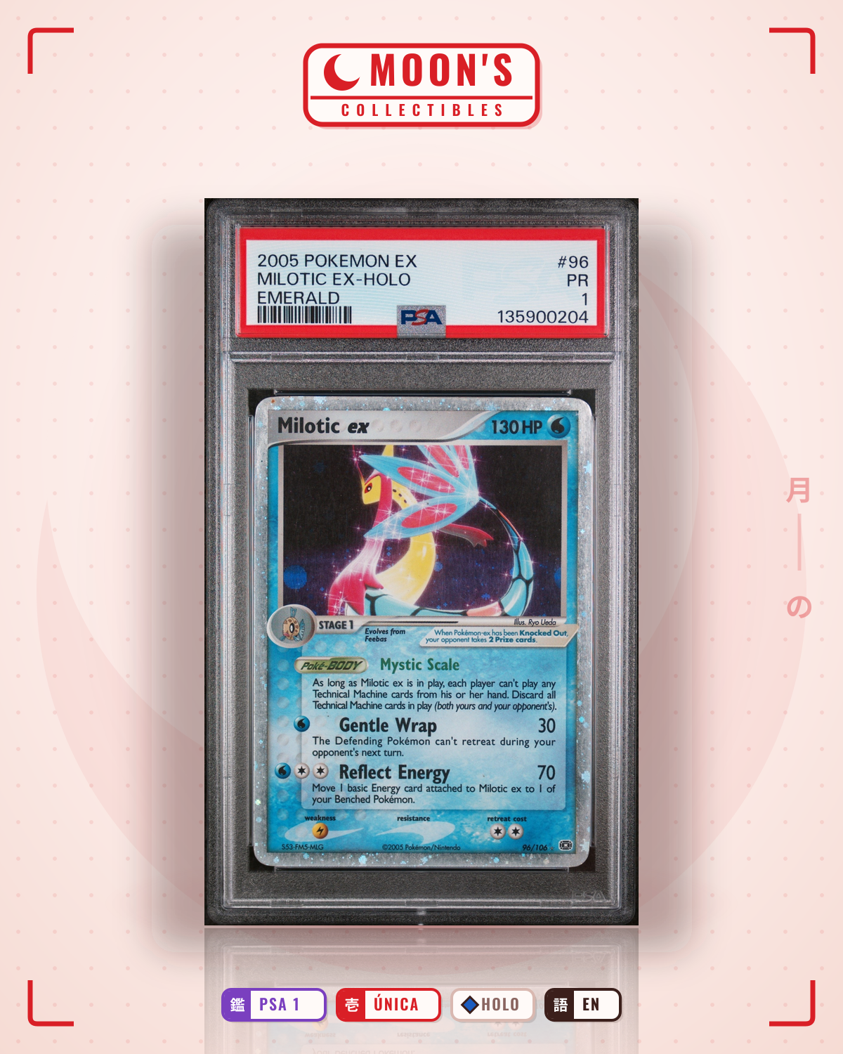 Carta Pokémon Milotic ex · Emerald #96/106 (PSA 1) — pieza única en Moon's Collectibles México