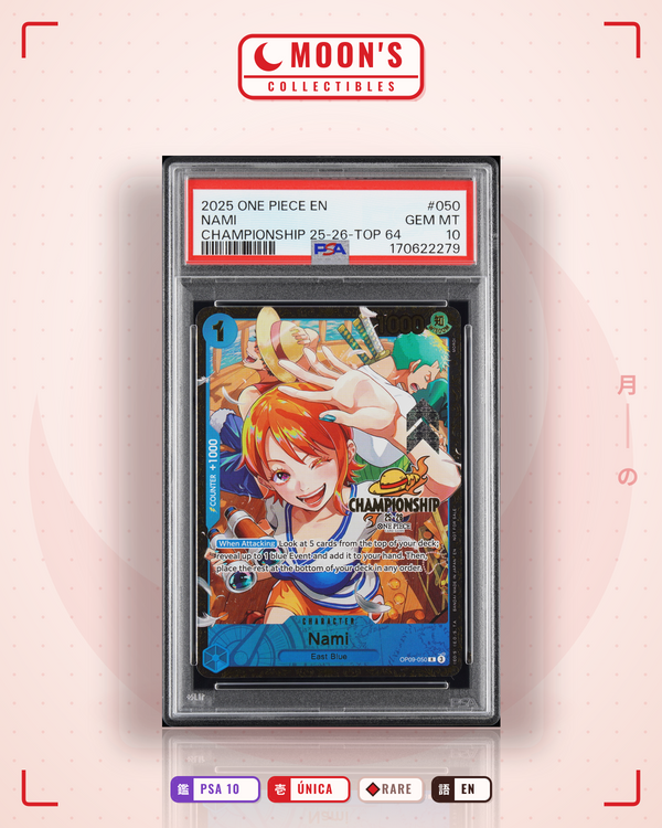Carta Pokémon Nami Championship 25-26 top 64 · One Piece Promotional Cards #050 (PSA 10) — pieza única en Moon's Collectibles México