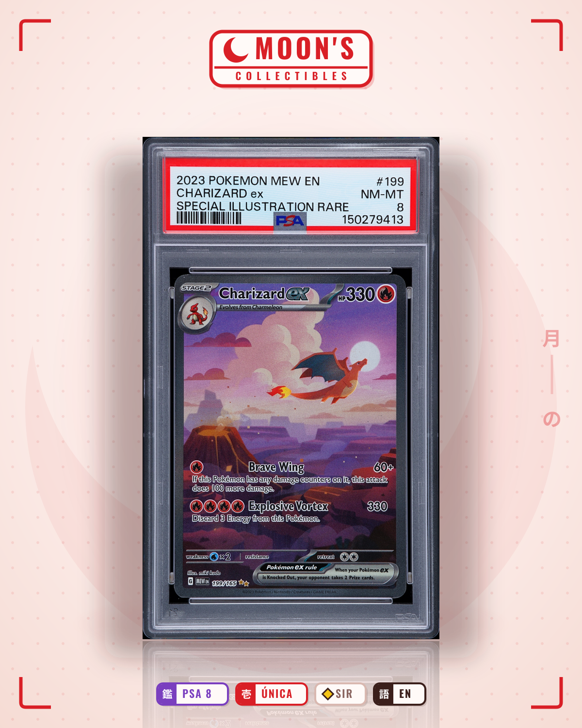 Carta Pokémon Charizard ex · 151 #199/165 (PSA 8) — pieza única en Moon's Collectibles México