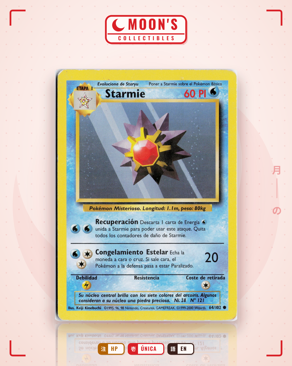 Carta Pokémon Starmie · Base #64/102 (HP) — pieza única en Moon's Collectibles México