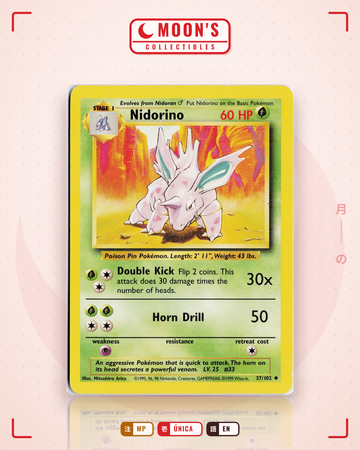 Carta Pokémon Nidorino · Base #37/102 (MP) — pieza única en Moon's Collectibles México