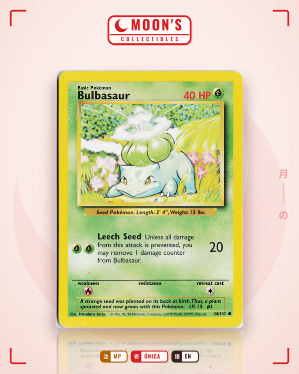 Carta Pokémon Bulbasaur · Base #44/102 (MP) — pieza única en Moon's Collectibles México