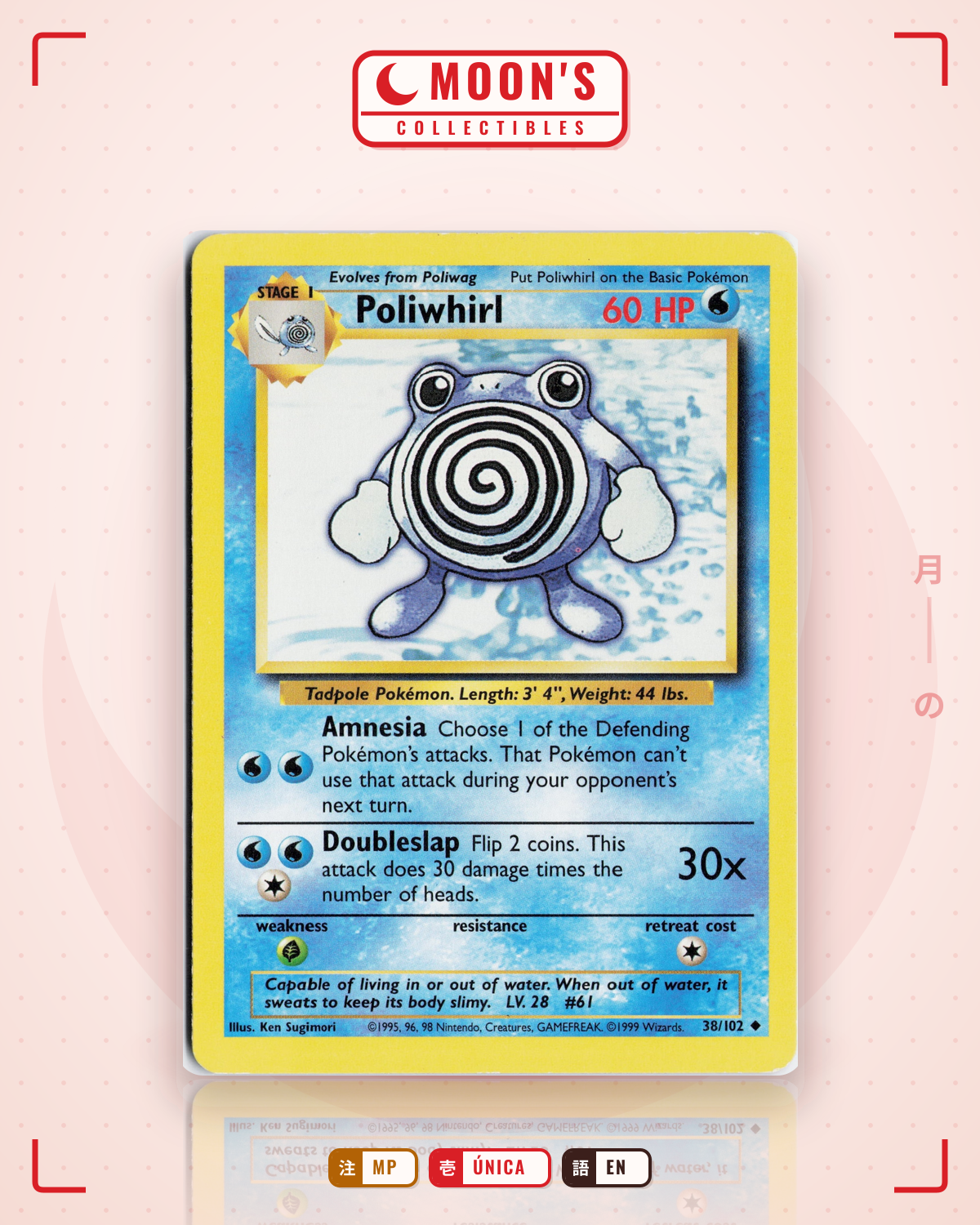 Carta Pokémon Poliwhirl · Base #38/102 (MP) — pieza única en Moon's Collectibles México