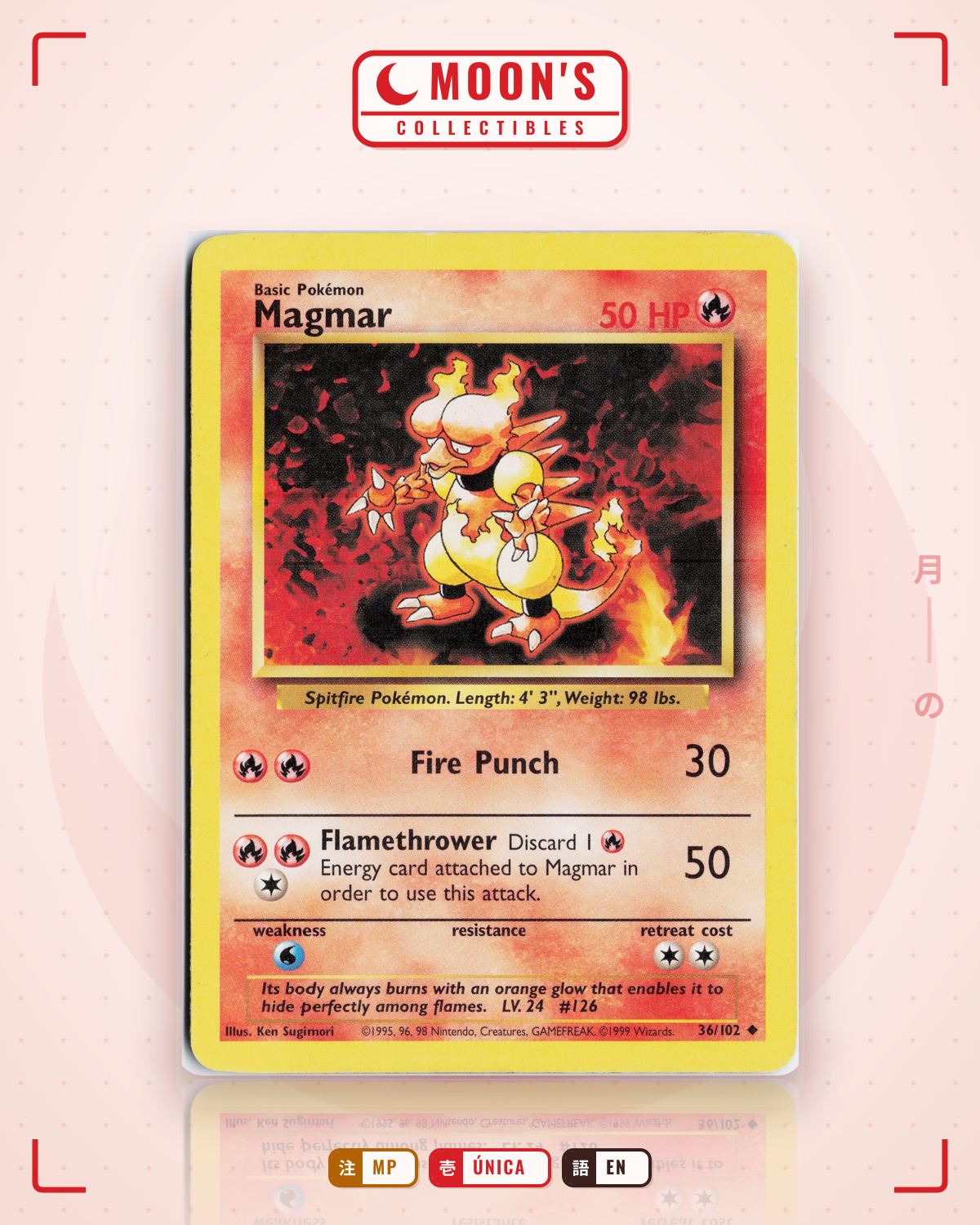 Carta Pokémon Magmar · Base #36/102 (MP) — pieza única en Moon's Collectibles México
