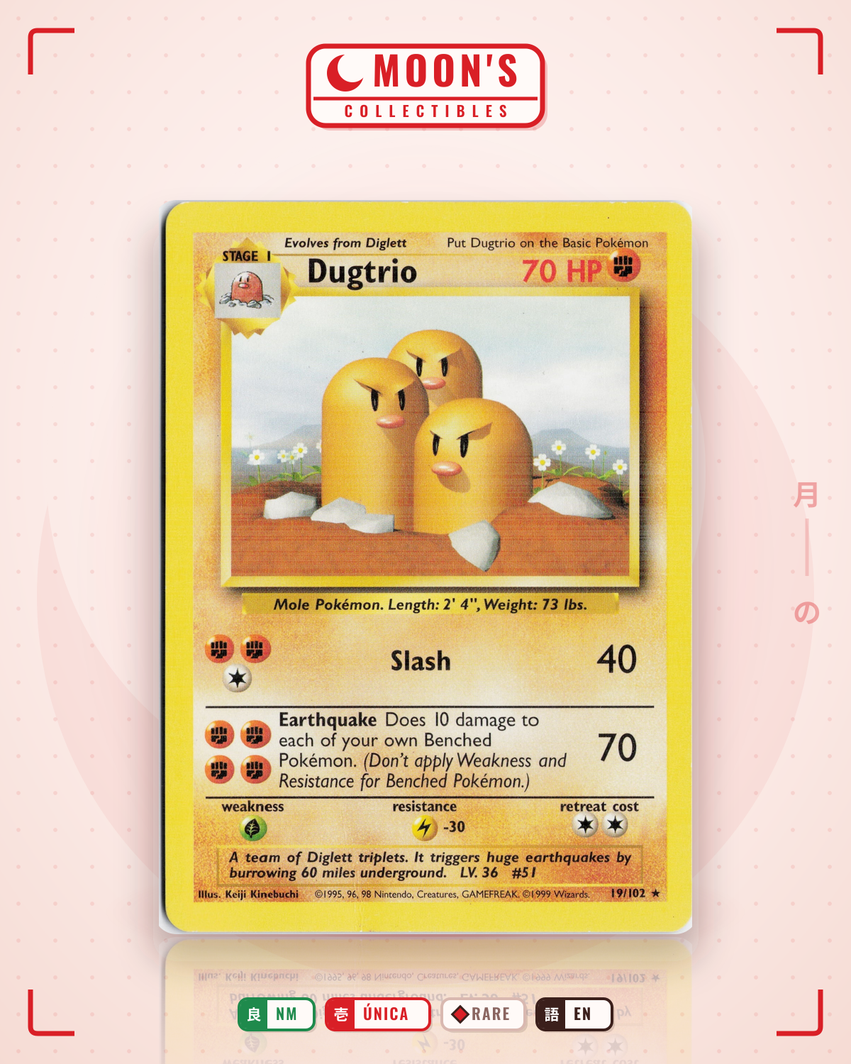 Carta Pokémon Dugtrio · Base #19/102 (NM) — pieza única en Moon's Collectibles México