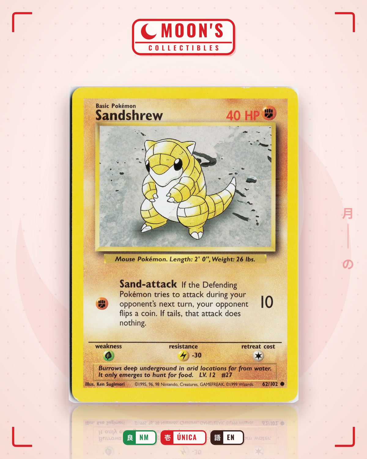 Carta Pokémon Sandshrew · Base #62/102 (NM) — pieza única en Moon's Collectibles México