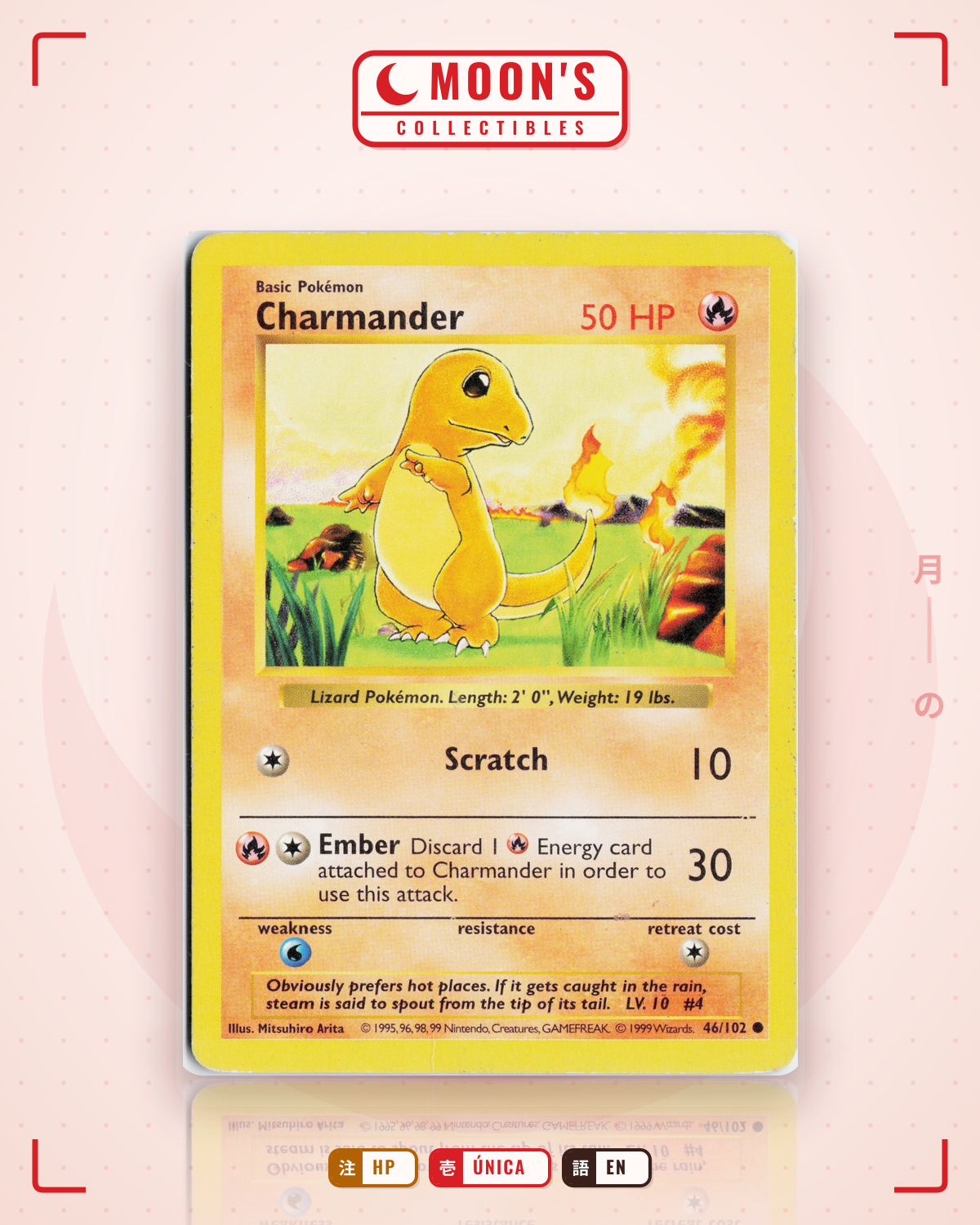 Carta Pokémon Charmander · Base #46/102 (HP) — pieza única en Moon's Collectibles México