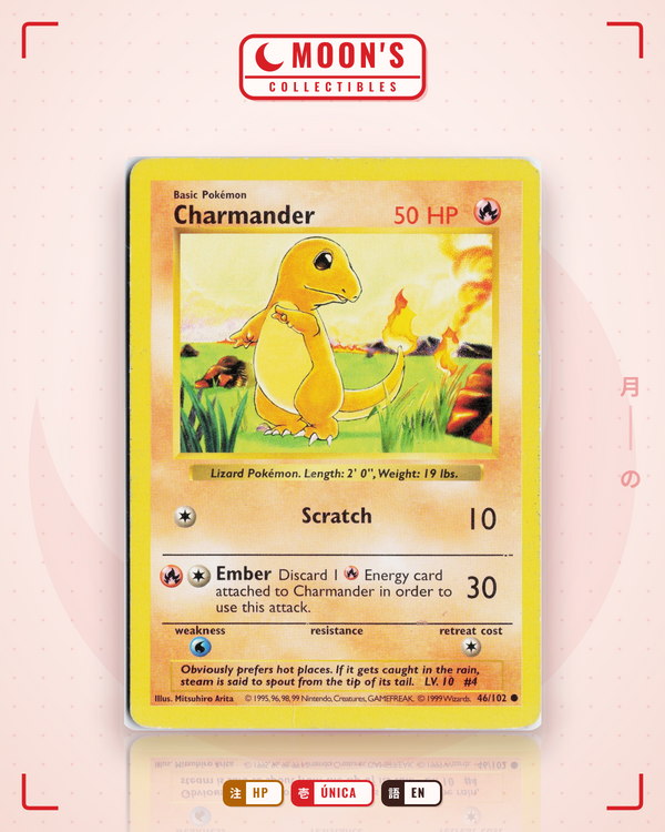 Carta Pokémon Charmander · Base #46/102 (HP) — pieza única en Moon's Collectibles México