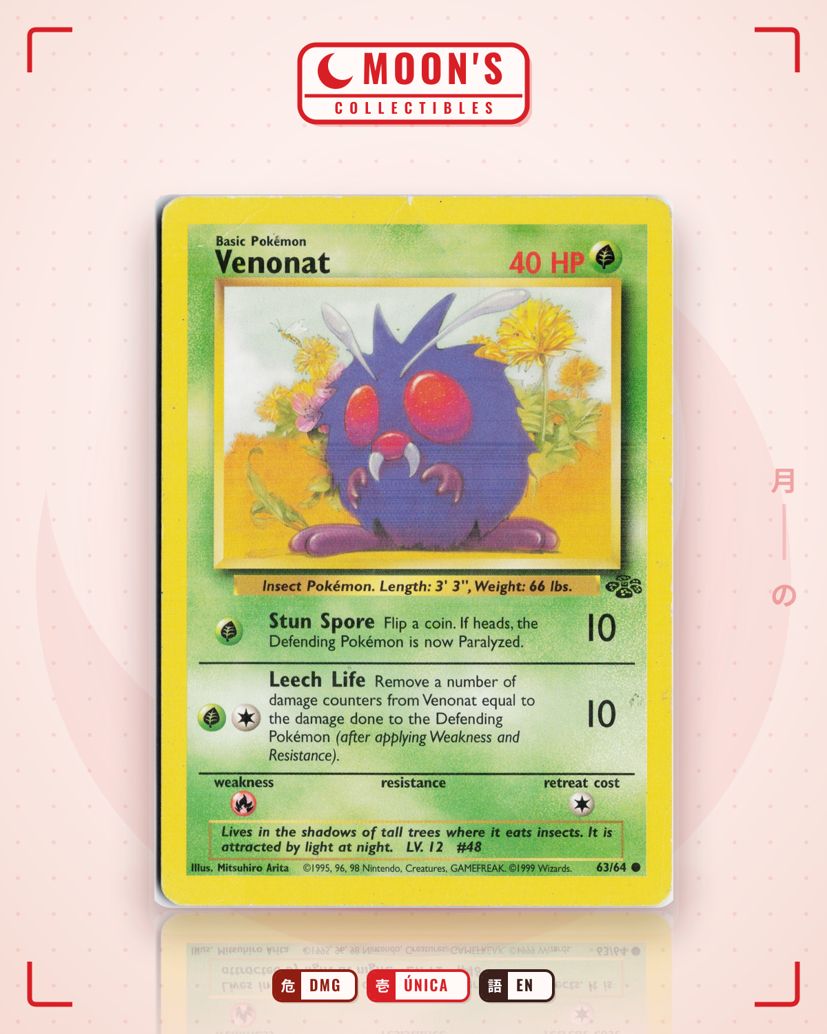 Carta Pokémon Venonat · Jungle #63/64 (DMG) — pieza única en Moon's Collectibles México