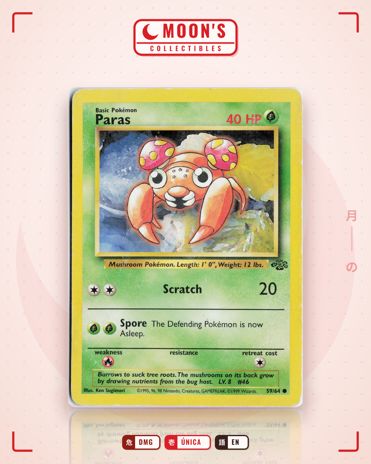 Carta Pokémon Paras · Jungle #59/64 (DMG) — pieza única en Moon's Collectibles México