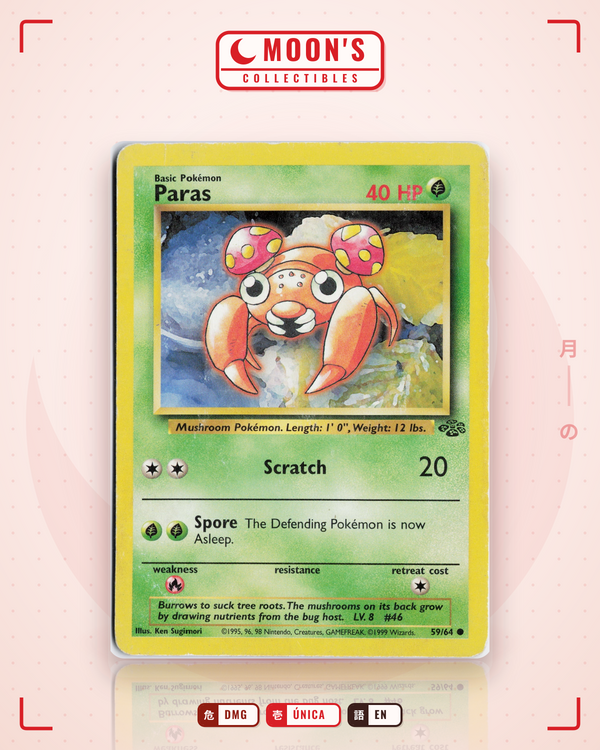 Carta Pokémon Paras · Jungle #59/64 (DMG) — pieza única en Moon's Collectibles México