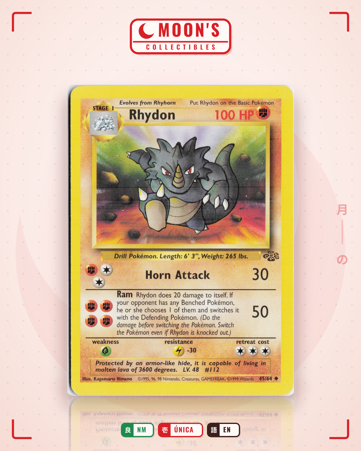 Carta Pokémon Rhydon · Jungle #45/64 (NM) — pieza única en Moon's Collectibles México