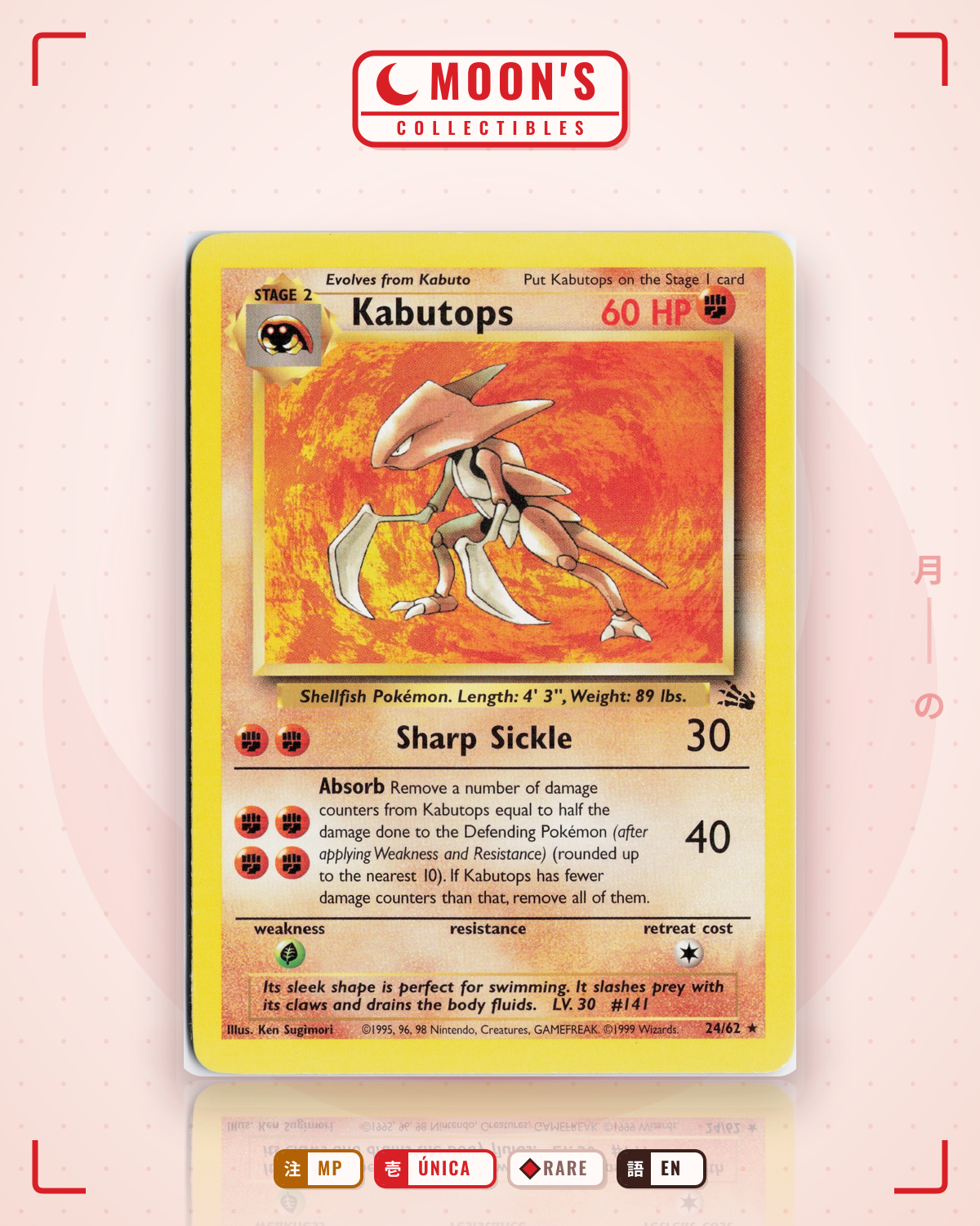 Carta Pokémon Kabutops · Fossil #24/62 (MP) — pieza única en Moon's Collectibles México