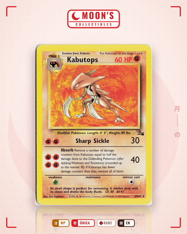 Carta Pokémon Kabutops · Fossil #24/62 (MP) — pieza única en Moon's Collectibles México