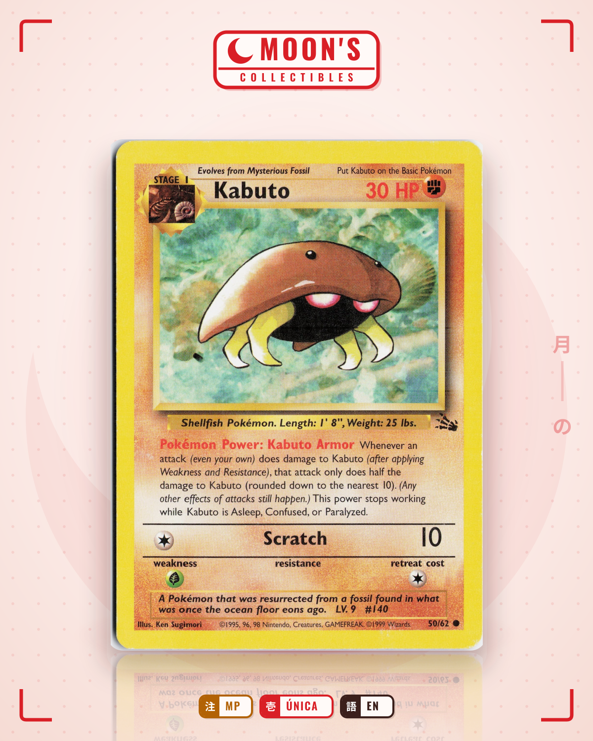 Carta Pokémon Kabuto · Fossil #50/62 (MP) — pieza única en Moon's Collectibles México