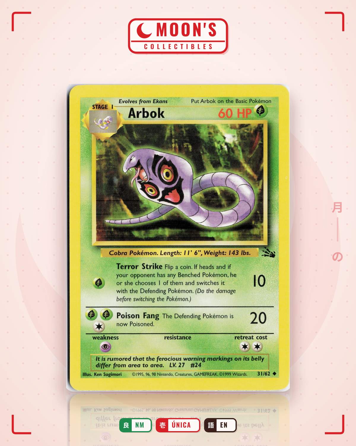 Carta Pokémon Arbok · Fossil #31/62 (NM) — pieza única en Moon's Collectibles México