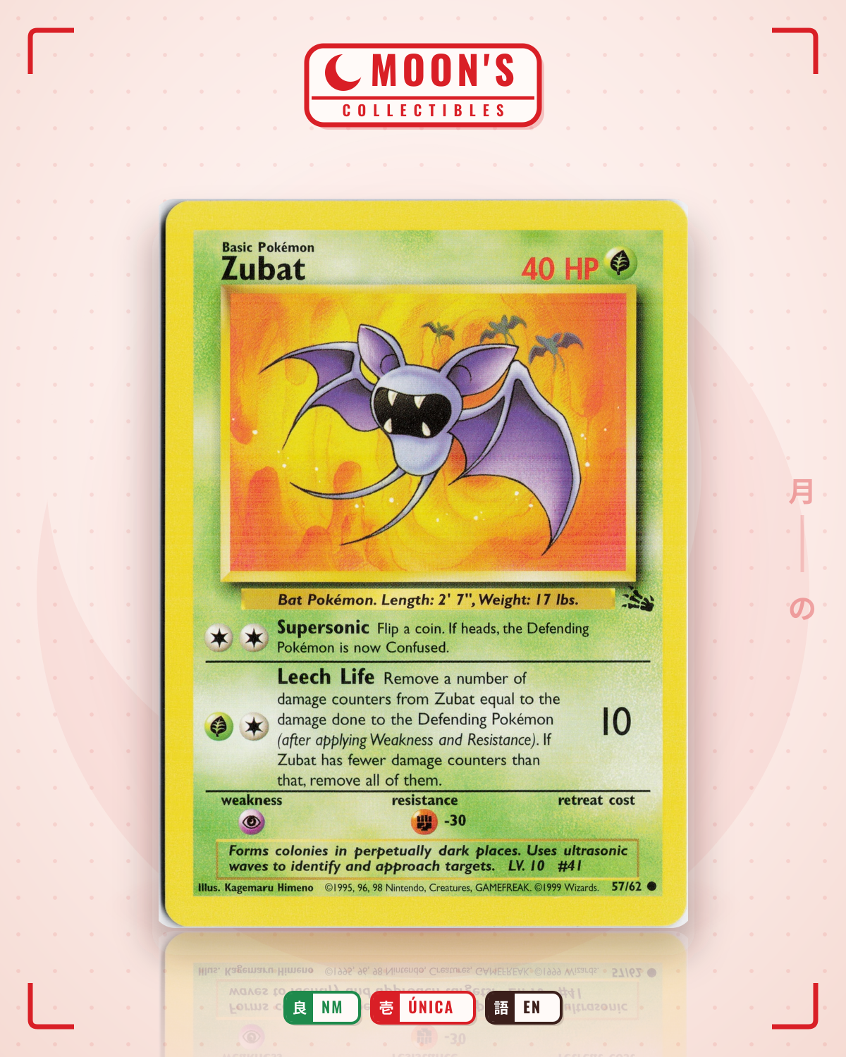 Carta Pokémon Zubat · Fossil #57/62 (NM) — pieza única en Moon's Collectibles México