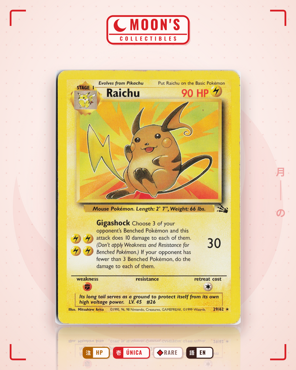 Carta Pokémon Raichu · Fossil #29/62 (HP) — pieza única en Moon's Collectibles México