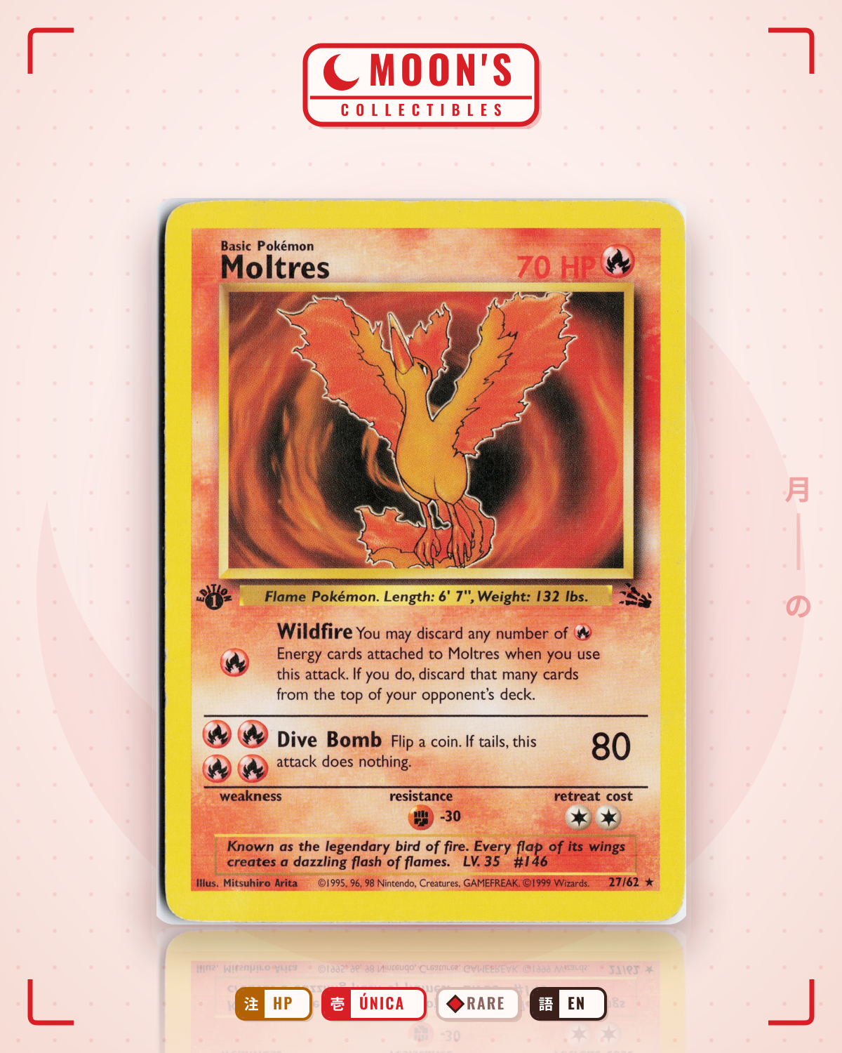 Carta Pokémon Moltres · Fossil #27/62 (HP) — pieza única en Moon's Collectibles México
