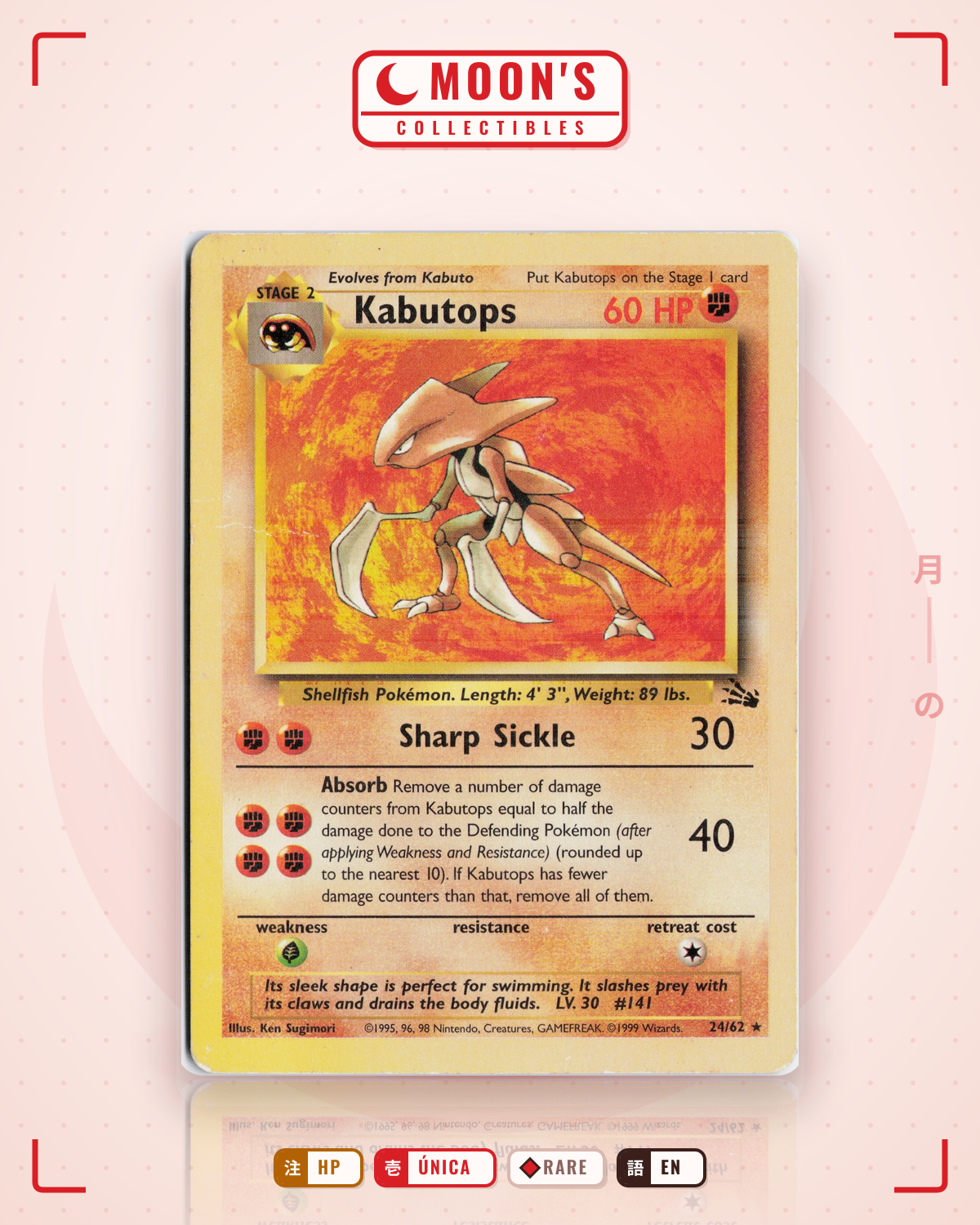 Carta Pokémon Kabutops · Fossil #24/62 (HP) — pieza única en Moon's Collectibles México