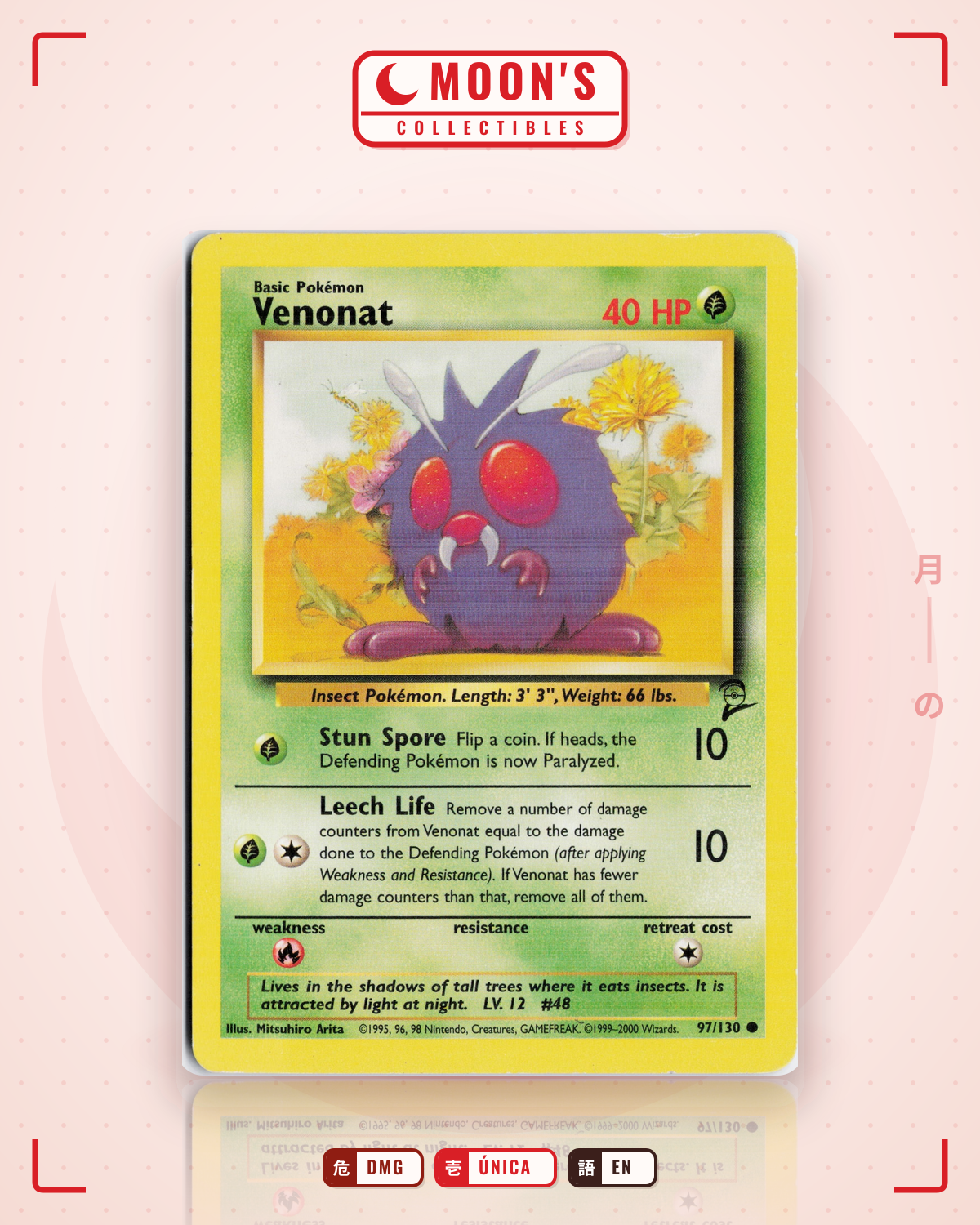 Carta Pokémon Venonat · Base Set 2 #97/130 (DMG) — pieza única en Moon's Collectibles México