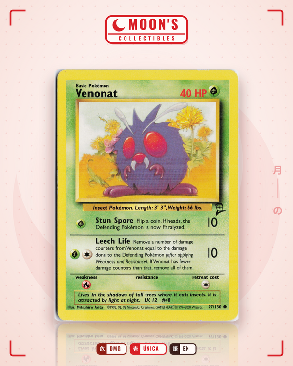 Carta Pokémon Venonat · Base Set 2 #97/130 (DMG) — pieza única en Moon's Collectibles México