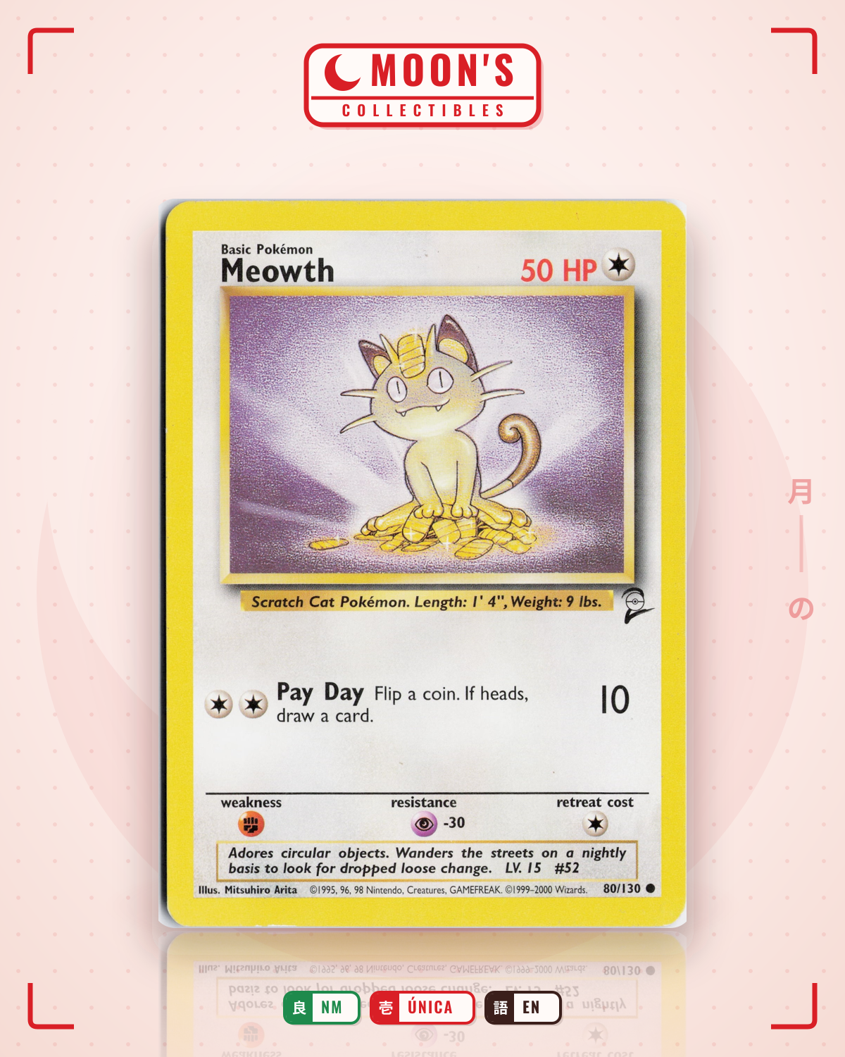 Carta Pokémon Meowth · Base Set 2 #80/130 (NM) — pieza única en Moon's Collectibles México