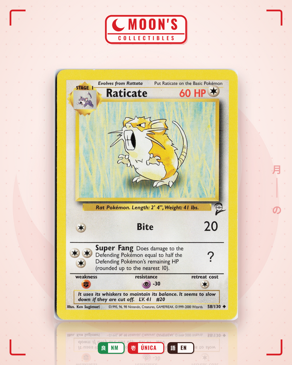 Carta Pokémon Raticate · Base Set 2 #58/130 (NM) — pieza única en Moon's Collectibles México