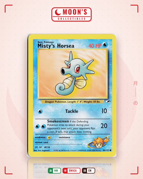 Carta Pokémon Misty's Horsea · Gym Heroes #86/132 (NM) — pieza única en Moon's Collectibles México